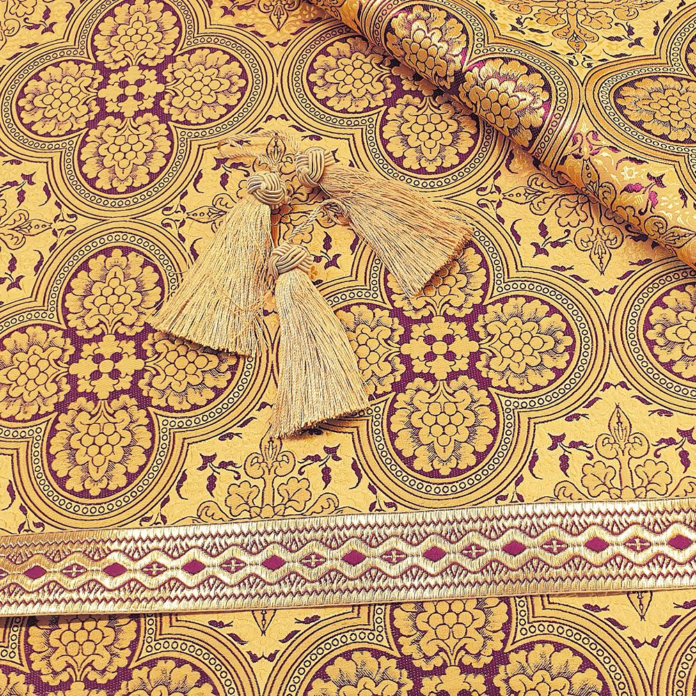 Brocade yellow with dark red (Sofia) Greek fabric