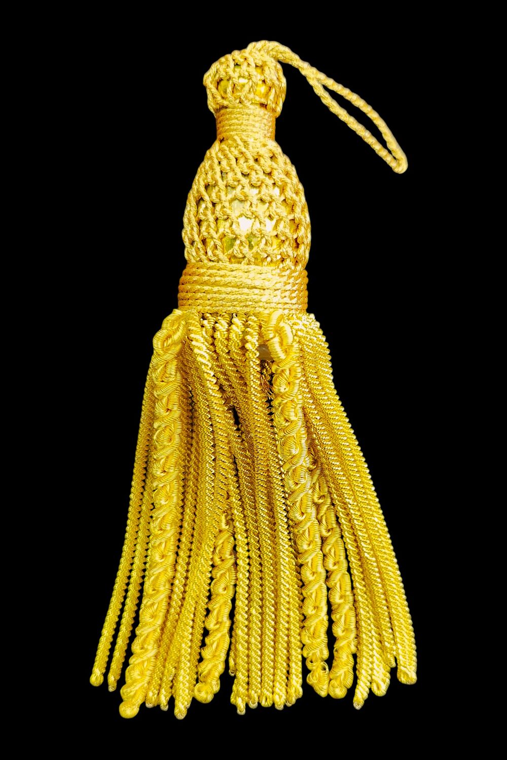 Metallic gimp tassel with curls (dark gold)